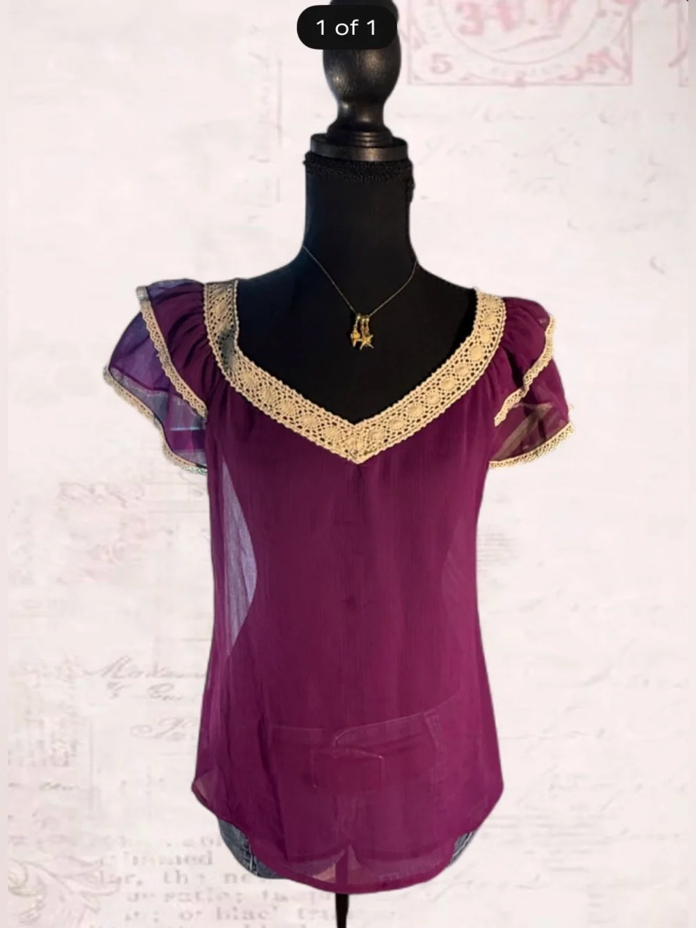 a.n.a Purple Crochet-Trim Sheer Flutter Sleeve Blouse